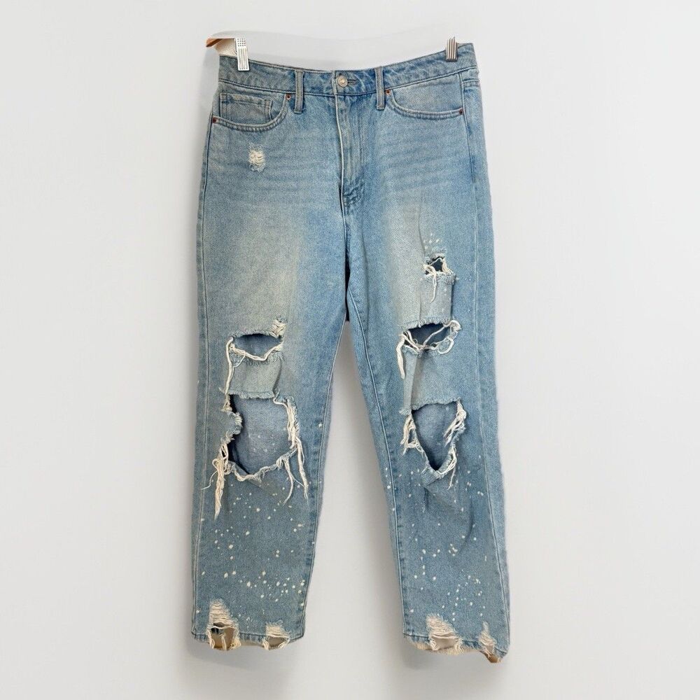 Forever 21 Mom Denim Blue Distressed High Waist Straight Thrashed Bleached 30x28
